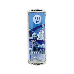 Mezuza carro Jerusalém azul nikel epoxy